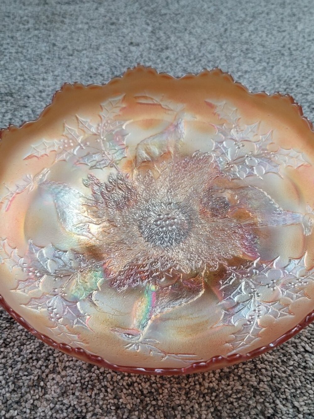 Vintage Stag & Holly Marigold Carnival Glass Footed Console Bowl 10"